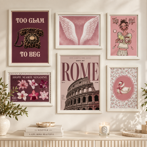 Set di 6 quadri rosa e bordeaux – ambientazione illustrativa