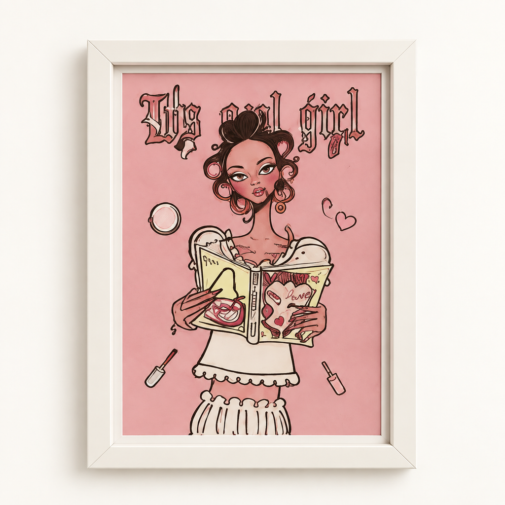 Quadro ragazza che legge su fondo rosa – mockup