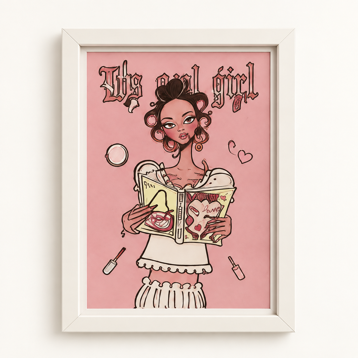 Quadro ragazza che legge su fondo rosa – mockup